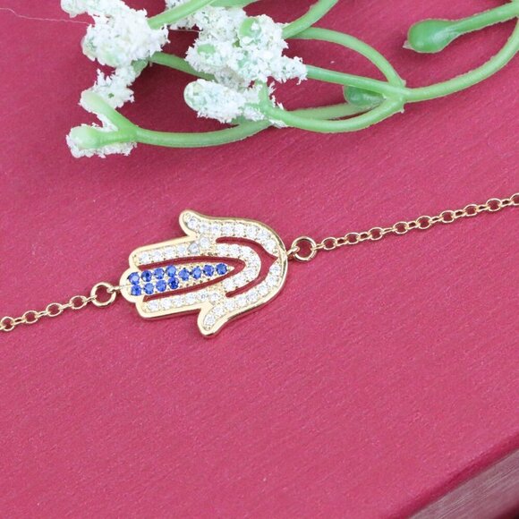 "Elegant Hamsa Hand Charm Rose Gold Bracelet with Blue Accents, XPBL0852 - Picture 10 of 12